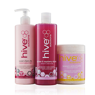 Hive Manicure and Pedicure Trio Pack - contains Sweet Cherry TLC Cream, Raspberry and Lychee Soak an
