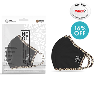 NEQI Face Coverings Black with Leopard Trim S-M (3pk)